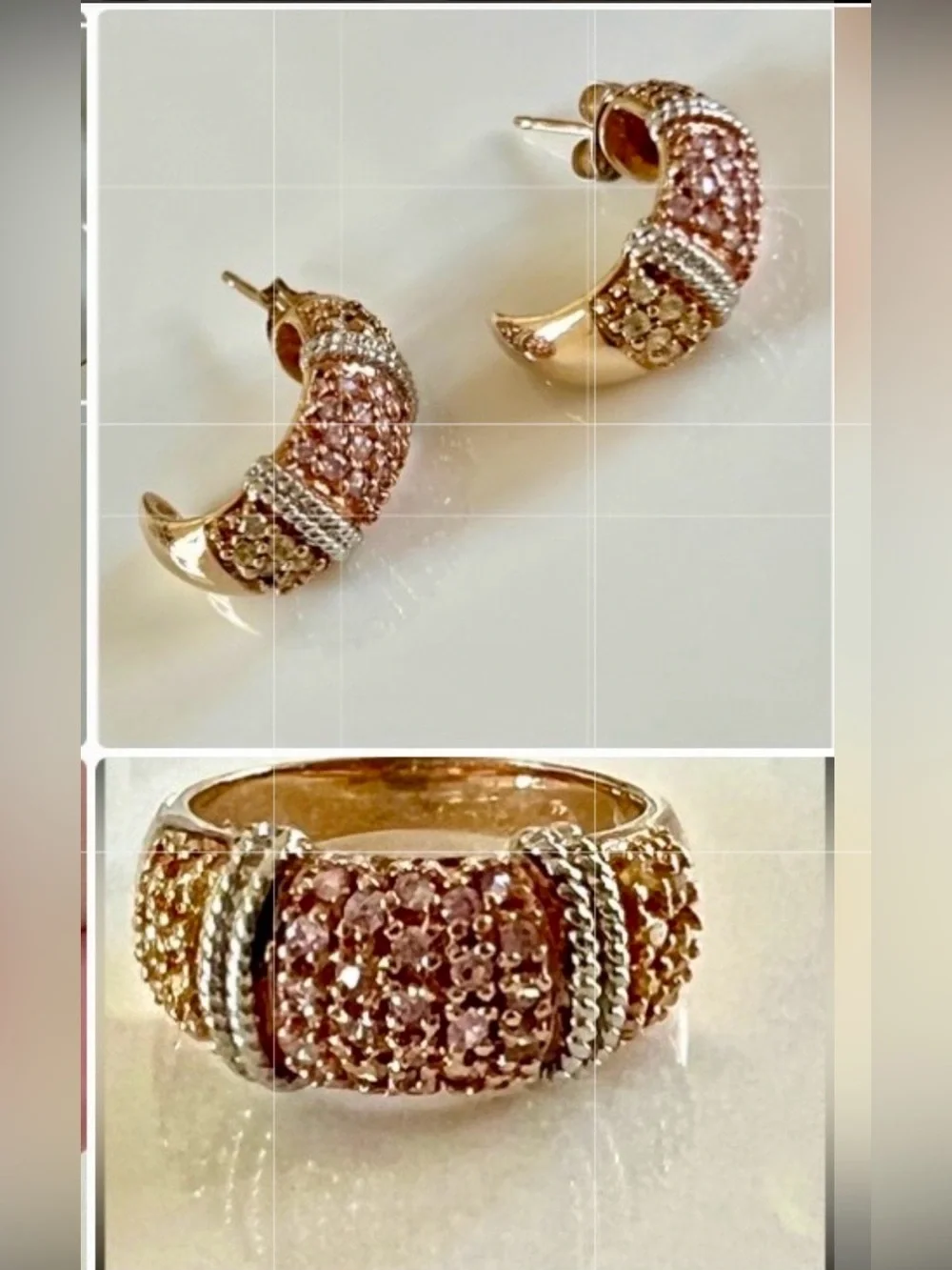 Ross Simons 925 Vermeil CZ Rose Pink Champagne Pavé Ring/Hoop Earrings Set sz 7